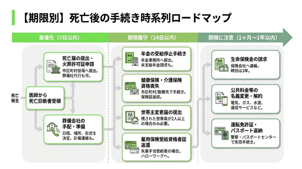 【期限別】死亡後の手続きの優先順位と時系列ロードマップ