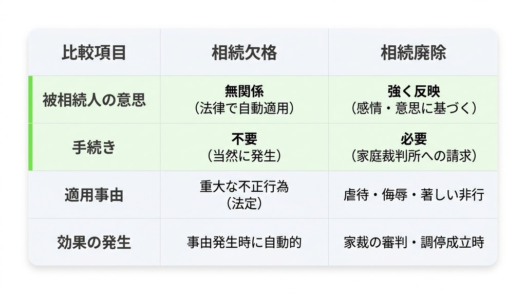 【比較表】相続欠格と相続廃除の主な違いが一目でわかる