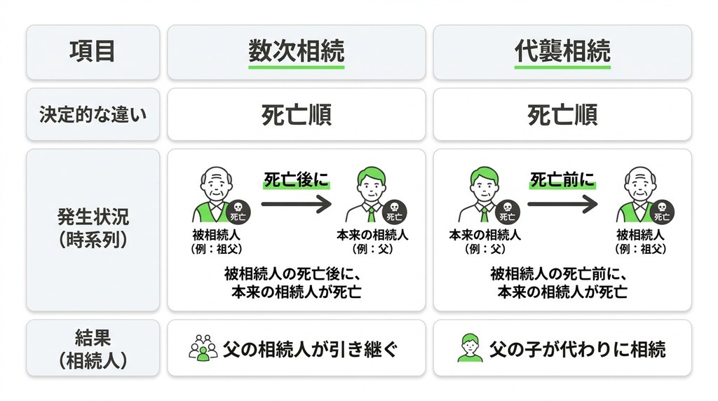 数次相続とは？死亡した順番でわかる代襲相続との違いをイラストで解説