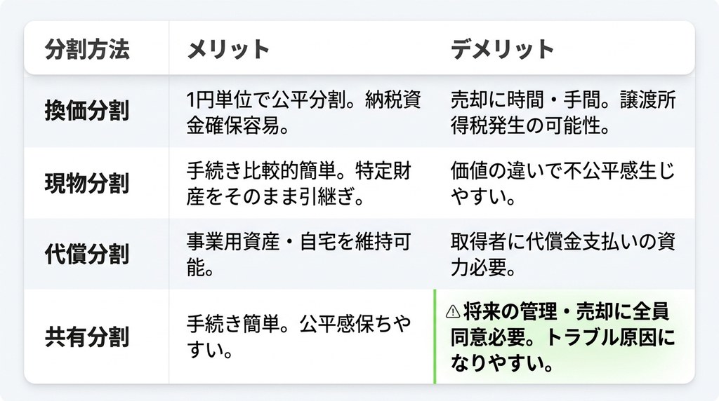 他の遺産分割方法との違いを比較｜換価・代償・現物分割の選び方