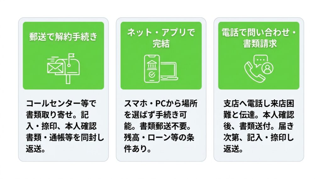 【来店不要】遠方の銀行口座を自宅から解約する3つの方法