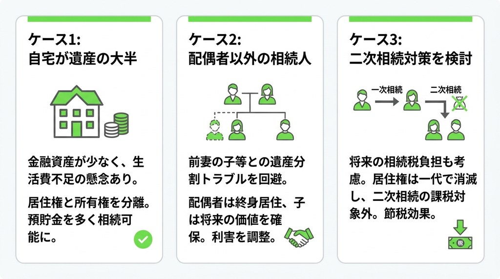 配偶者居住権の活用が特に有効と考えられる3つのケース