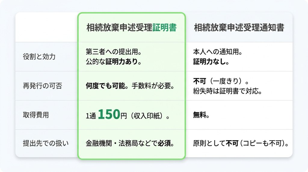 相続放棄申述受理「証明書」と「通知書」の決定的な違いを一覧で比較