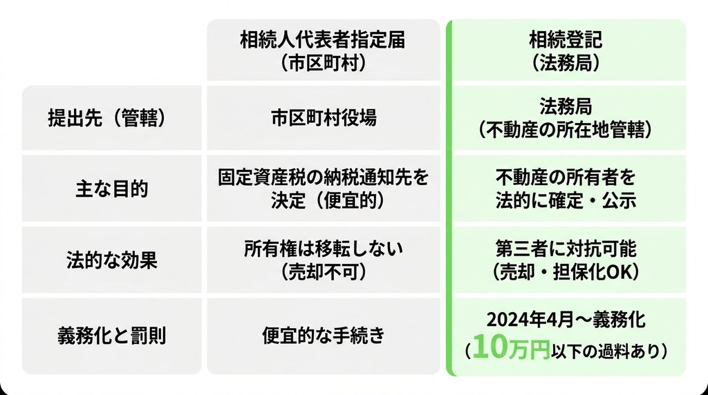 固定資産税のための手続きと、不動産の名義変更（相続登記）はどう違うのですか？